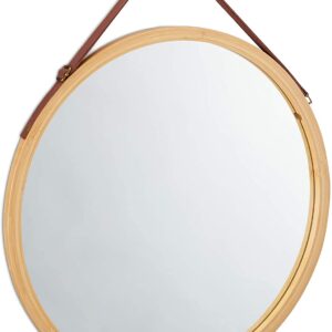 CARLA HOME Hanging Wall Mirror 45cm - Solid Bamboo Frame and Adjustable Leather Strap for Bathroom and Bedroom, Vanity Mirror, Makeup Mirror, Face Mirrors, Wall Shelf Mirror (Round 45 cm)