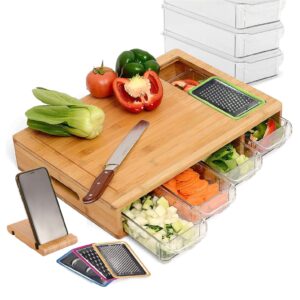 CARLA HOME Large Bamboo Cutting Board and 4 Containers with Mobile Holder gift included for Home Kitchen