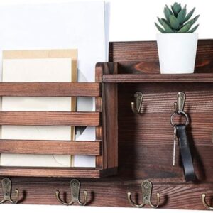 CARLA HOME Rustic Wood Wall Mounted Key and Mail Holder Organizer with Shelf, Letter Slot & 6 Hooks for Entryway Decor Home