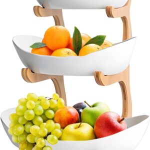 CARLA HOME 3-Tier Ceramic Fruit Bowl Basket with Bamboo Stand for Kitchen Counter, Snack Tray, Dessert Server & Vegetable Storage Rack